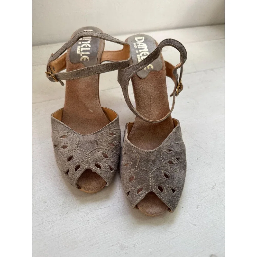 70s Suede Heels Open Toe Shoes Blue Gray Vintage Danielle 7